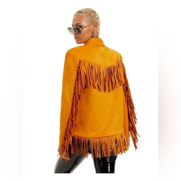 DANIELLE BERNSTEIN NWT Boho Fringed Faux Suede Jacket Camel Size XS Coachella - Picture 7 of 11